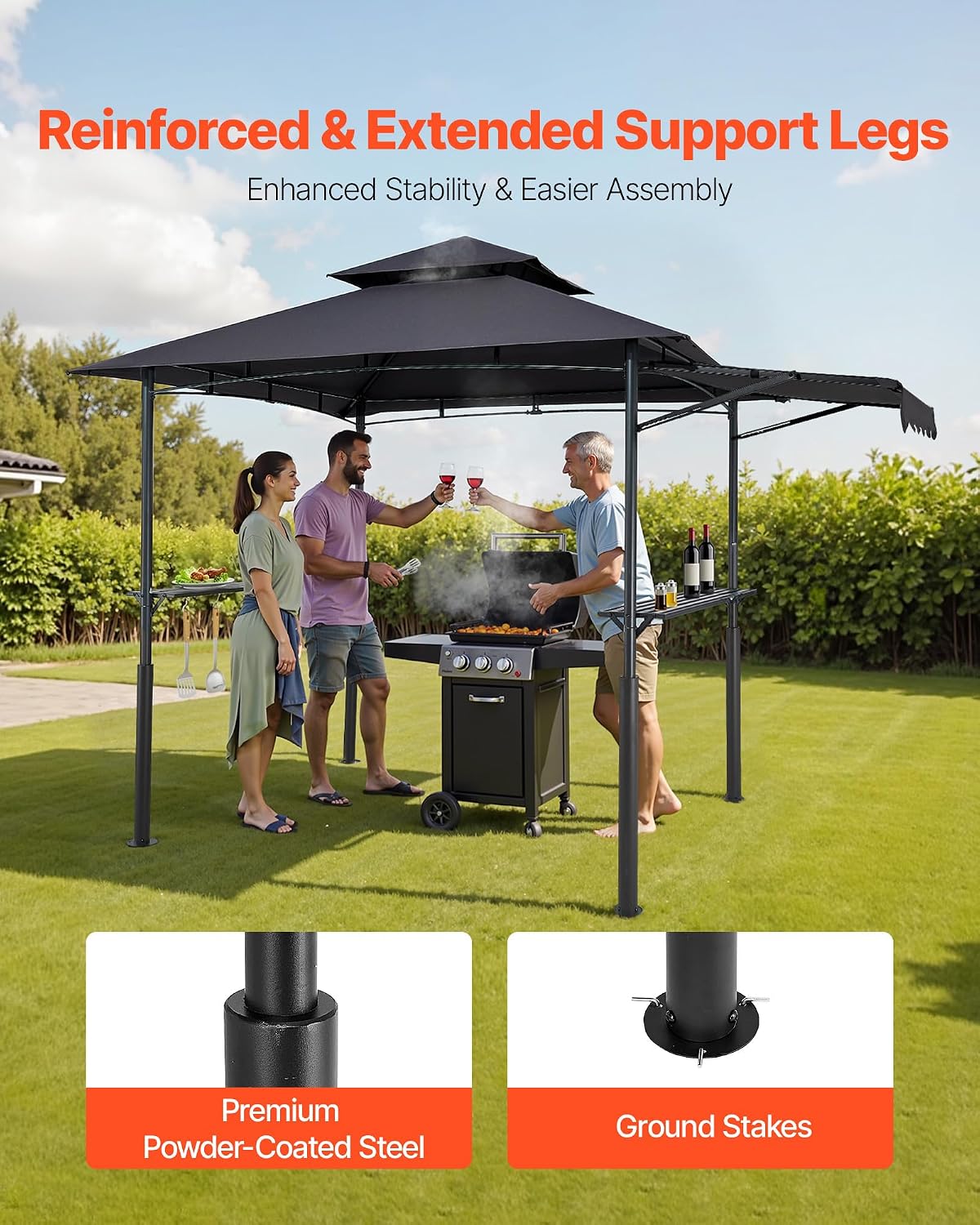 VEVOR Grill Gazebo, 8 x 5 ft Double-Tiered Top, Reinforced BBQ Gazebo with Extra Awning, Powder-Coated Steel Patio Grill Shelter with 2 Side Shelves & Hooks, Outdoor Grilling Canopy for Garden