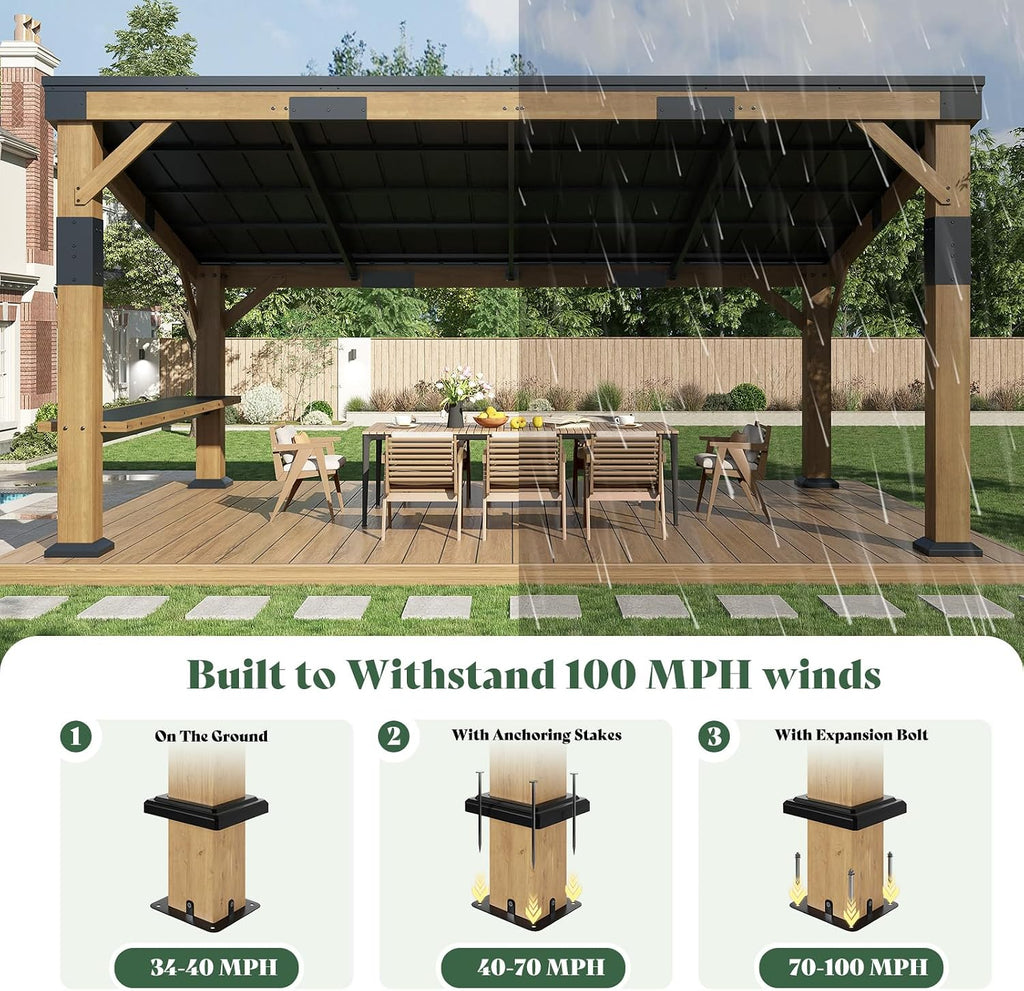 AMERLIFE 10x14 FT Spruce Wood Grill Gazebo with Bar Shelf, Hardtop BBQ Pavilion with Sloped Galvanized Steel Roof, Lean-to Outdoor Pergola for Deck, Backyard, Garden