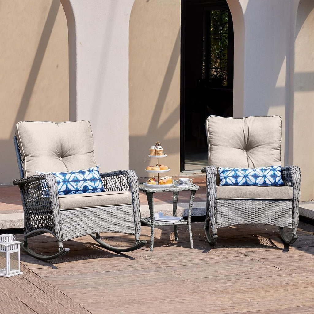 UDPATIO Rocking Chair Outdoor Set 2 with Coffee Table, 3 Piece Wicker Rocking Bistro Set with 4' Water-Resistant Cushions, Oversized, 350lbs Heavy-Duty, for Porch, Patio, Balcony, Grey/Beige