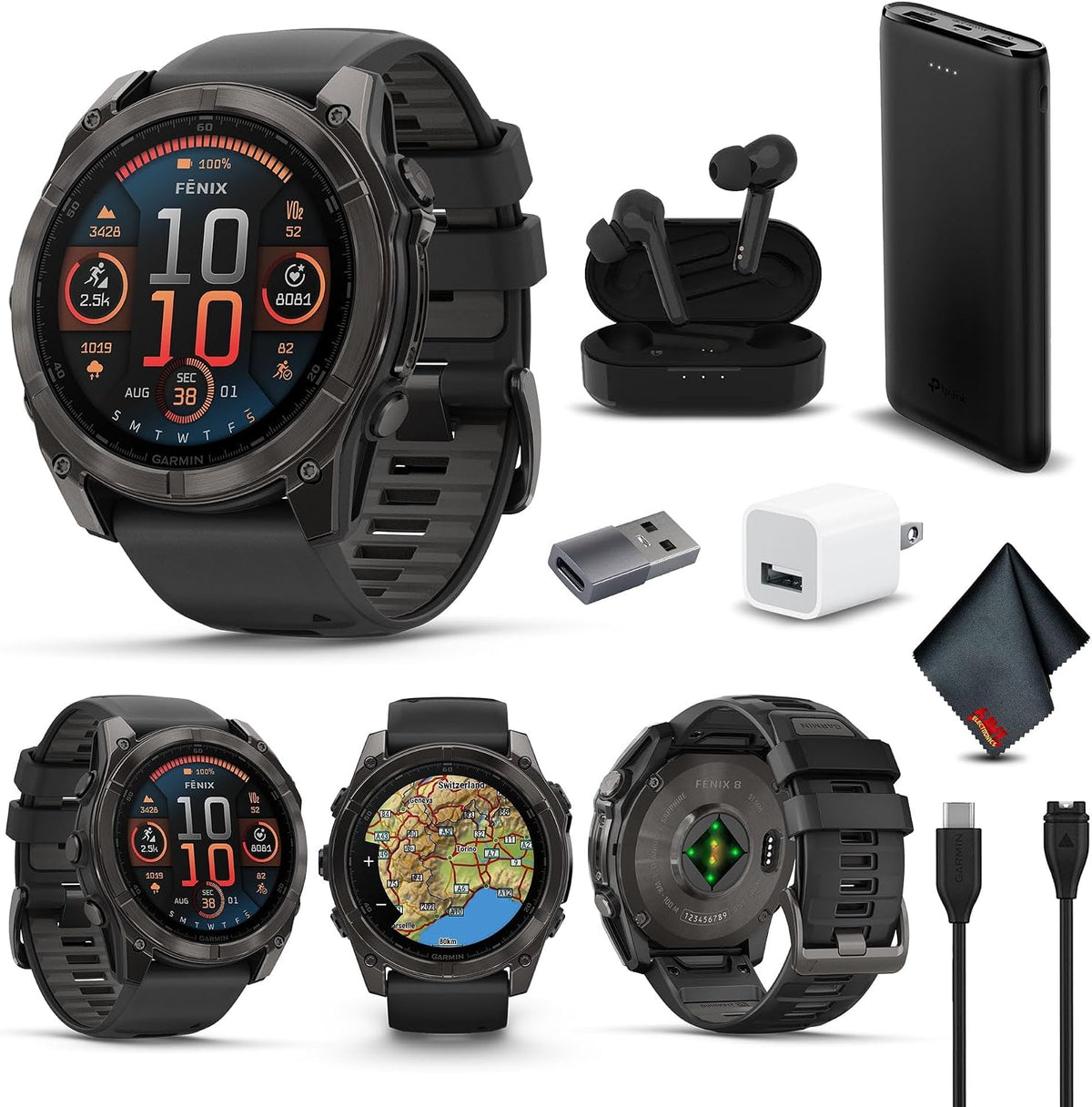 Garmin Fenix 8 51MM AMOLED Sapphire Premium Multisport GPS Smartwatch Carbon Gray DLC Titanium with Gray Silicone Band, Built-in LED Flashlight, Fitness & Health Smart Watch Bundle for Men & Women