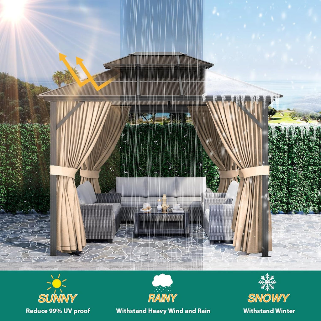 Garvee 10X13 FT Hardtop Gazebo with Double Polycarbonate Roof & Aluminum Frame - Includes Netting & Curtains for Patio, Garden, Backyard Brown