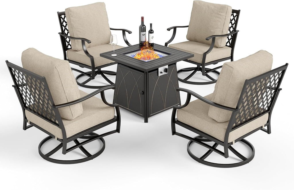 MIXPATIO Patio Furniture Set with Fire Pit Table, 5 Pcs Metal Outdoor Conversation Set, 4 Swivel Chairs with 5.75' Extra Thick Cushion and 28' Fire Pit Table for Backyard Deck, Beige