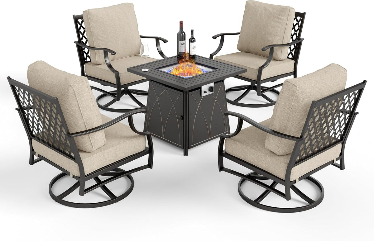 MIXPATIO Patio Furniture Set with Fire Pit Table, 5 Pcs Metal Outdoor Conversation Set, 4 Swivel Chairs with 5.75' Extra Thick Cushion and 28' Fire Pit Table for Backyard Deck, Beige