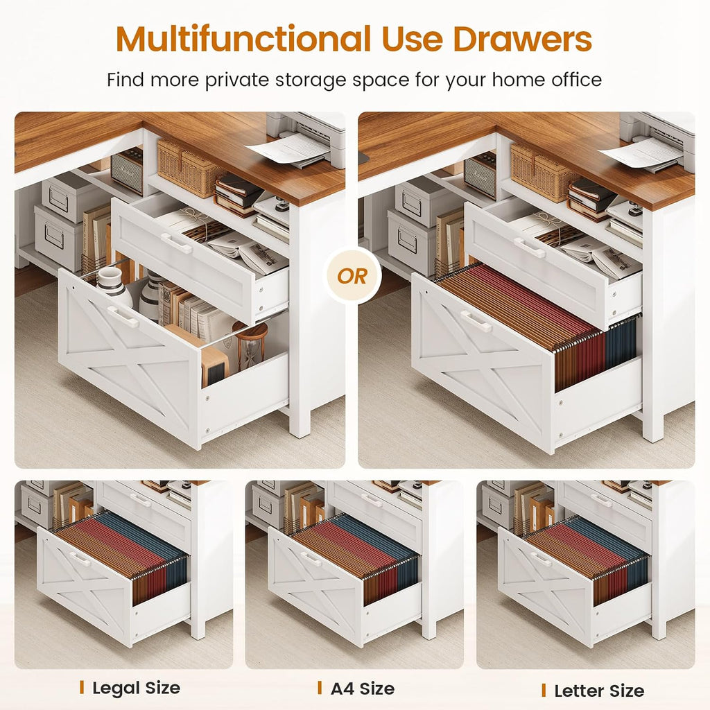 SEDETA Farmhouse L Shaped Desk, 55' Home Office Desk with Drawers and Storage Shelves, L Shaped Gaming Desk with LED Lights, Power Outlet and Monitor Shelf, Brown
