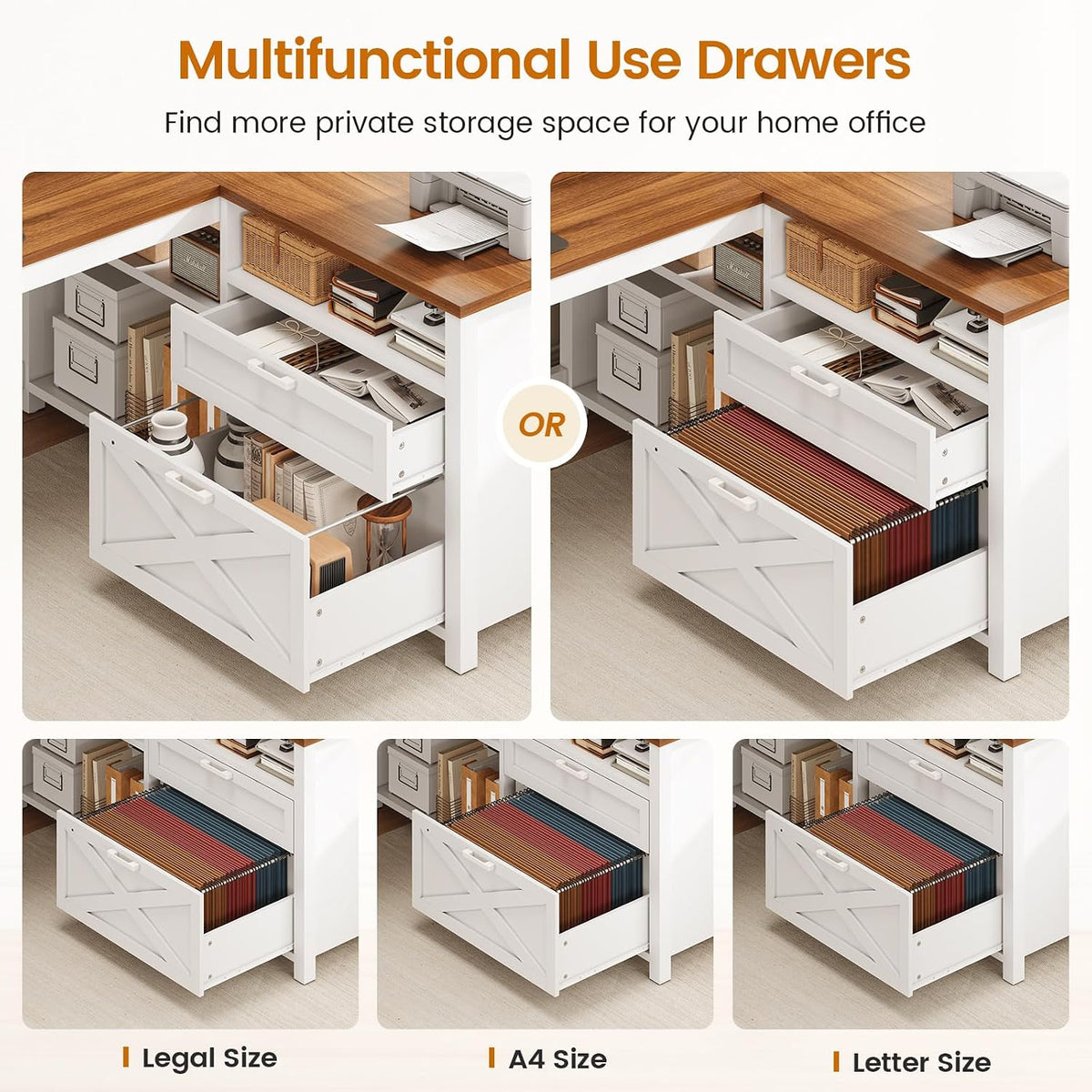 SEDETA Farmhouse L Shaped Desk, 55' Home Office Desk with Drawers and Storage Shelves, L Shaped Gaming Desk with LED Lights, Power Outlet and Monitor Shelf, Brown