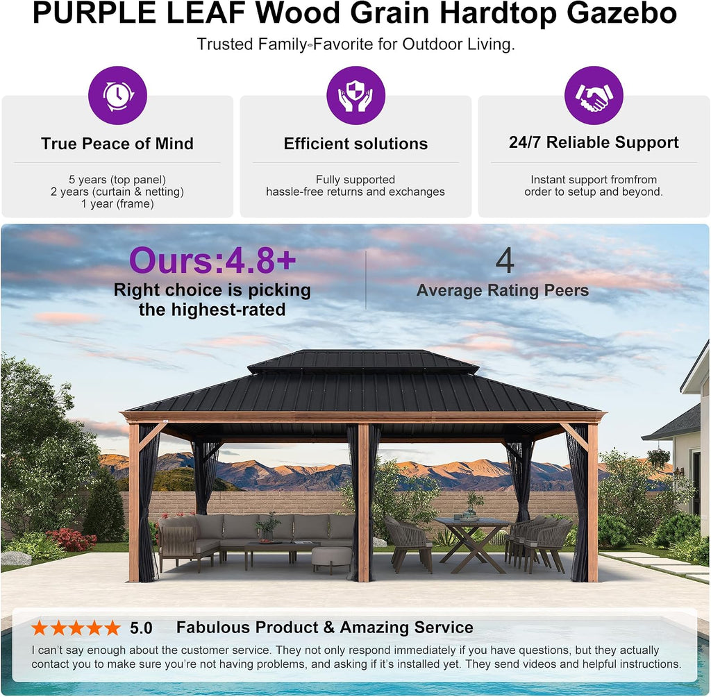 PURPLE LEAF 14' X 20' Outdoor Hardtop Gazebo for Patio Galvanized Steel Double Roof Permanent Canopy Teak Finish Coated Aluminum Frame Pavilion Gazebo with Netting
