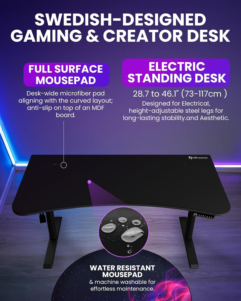 Arozzi Arena Moto Gamer Desk - 63x32' Electric Standing PC Gaming Desk with Storage for Cables - Dual Motor Steel Frame & Full-Surface Washable Mousepad - Pure Black