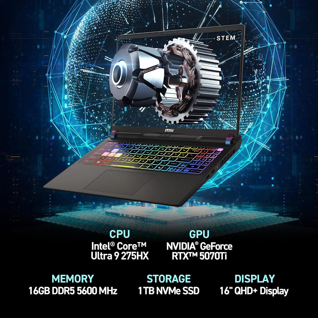 msi Vector 16 HX AI 16' 240Hz QHD+ Gaming Laptop: Intel Core Ultra 9-275HX, NVIDIA Geforce RTX 5070Ti, 16GB DDR5, 1TB NVMe SSD, Thunderbolt 5, Wi-Fi 7, Win 11 Home: Cosmo Gray A2XWHG-211US