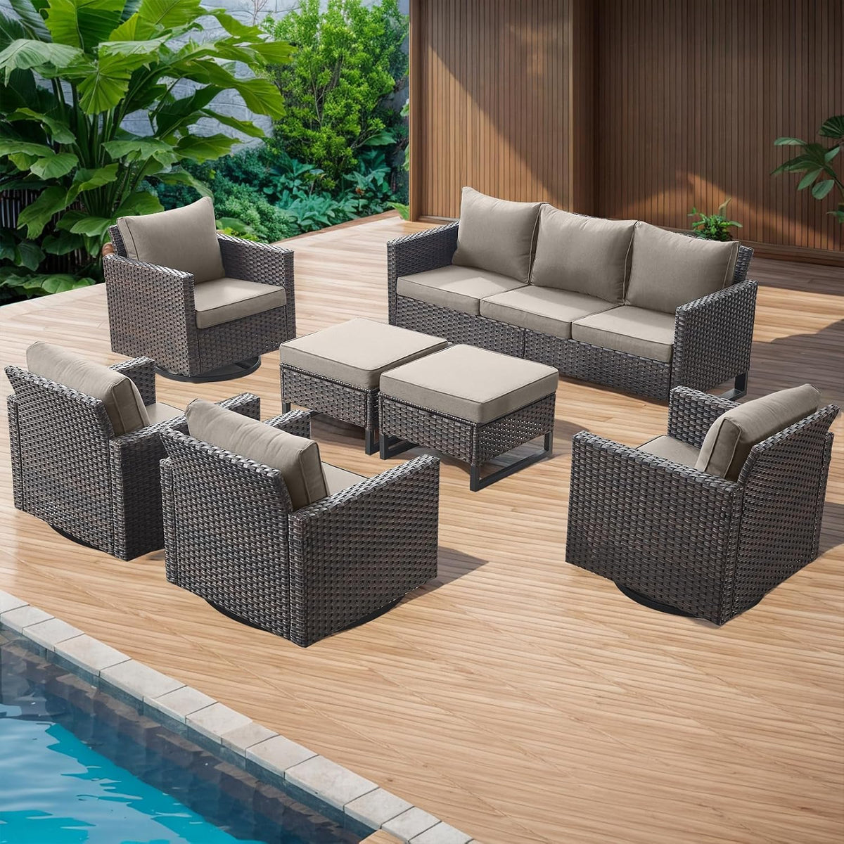 Rilyson Luxury Wicker Outdoor Patio Furniture Set - 7 Piece Patio Conversation Set with 4 Swivel Rocker Chairs,2 Rattan Ottoman and 1 Couch for Outside Porch Deck Backyard(Brown/Grey)