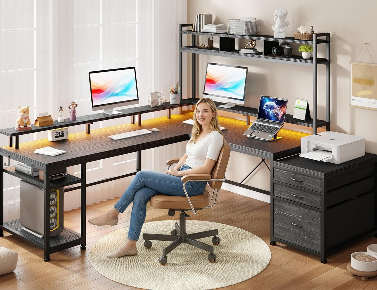 EnHomee104''Gaming Desk with Hutch and Drawers, Reversible L Shaped Desk with Power Outlet & Monitor Stand & LED Lights, Computer Corner Desk, Two Person Desk of 3 monitors for Living,Gaming,Black