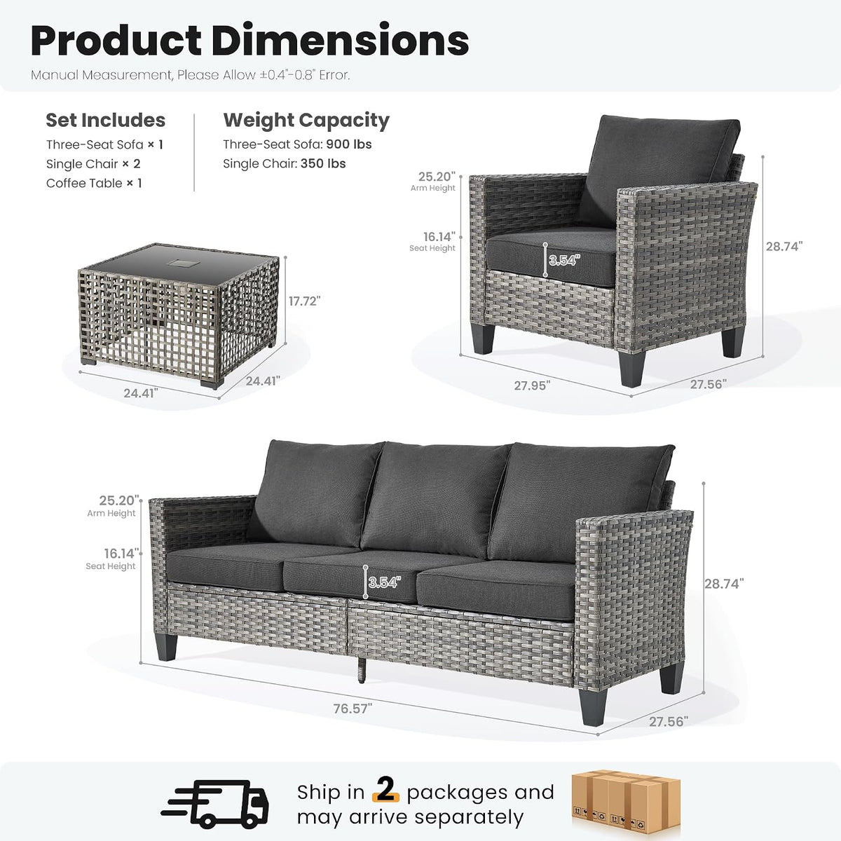 ovios 4 Pieces Patio Furniture Set Outdoor Sofa Couch with Solar Lights Table Comfy Cushions, Modern Deep Seat Wicker Rattan Conversation Set for Porch Deck, Black