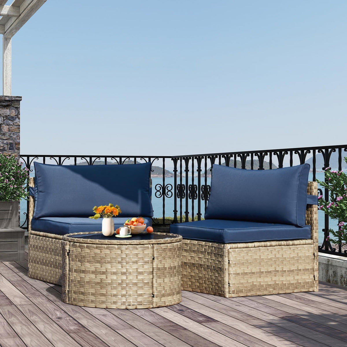 ECOTOUGE Curved Outdoor Sectional Sofa, 3 Piece Half-Moon Rattan Patio Furniture Set, Wicker Conversation Sets with Tempered Glass Round Coffee Table for Pool Backyard Patio Garden(Blue)