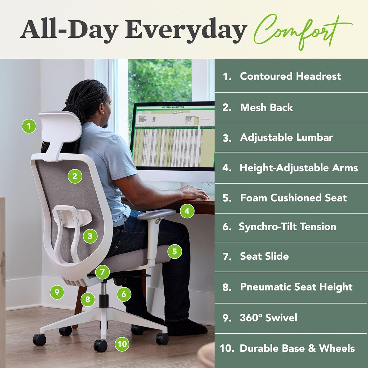 HON Altern Ergonomic Office Chair with Headrest, Arms, Wheels, Foam Cushion Seat, Mid Back Home Office Desk Chair Comfy, Gaming Chair, Height Adjustable Arms, Synchro-Tilt, Black Frame, Fog