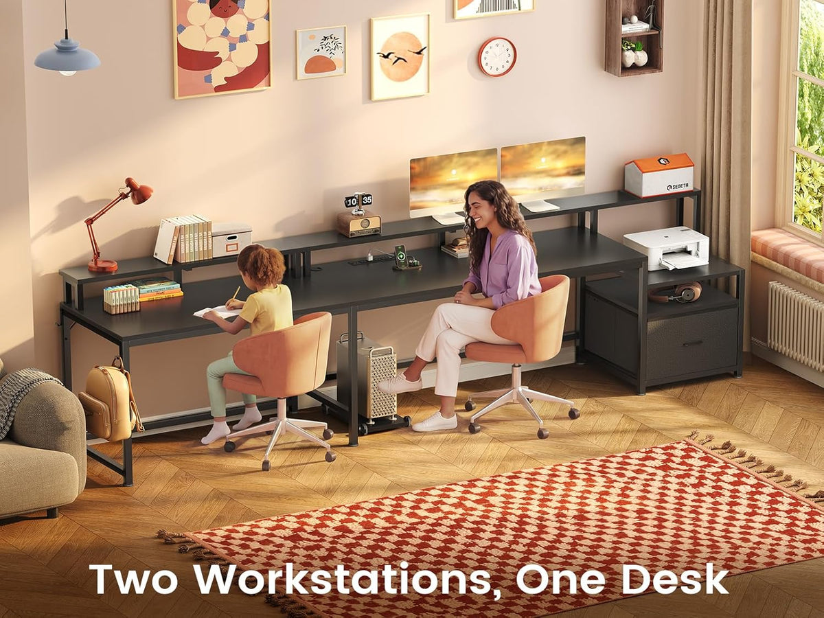SEDETA 66' L Shaped Desk with Power Outlet, Reversible Home Office Computer Desk with File Drawer & Monitor Shelf, Storage Shelves, LED Lights for Corner Small Spaces, Black