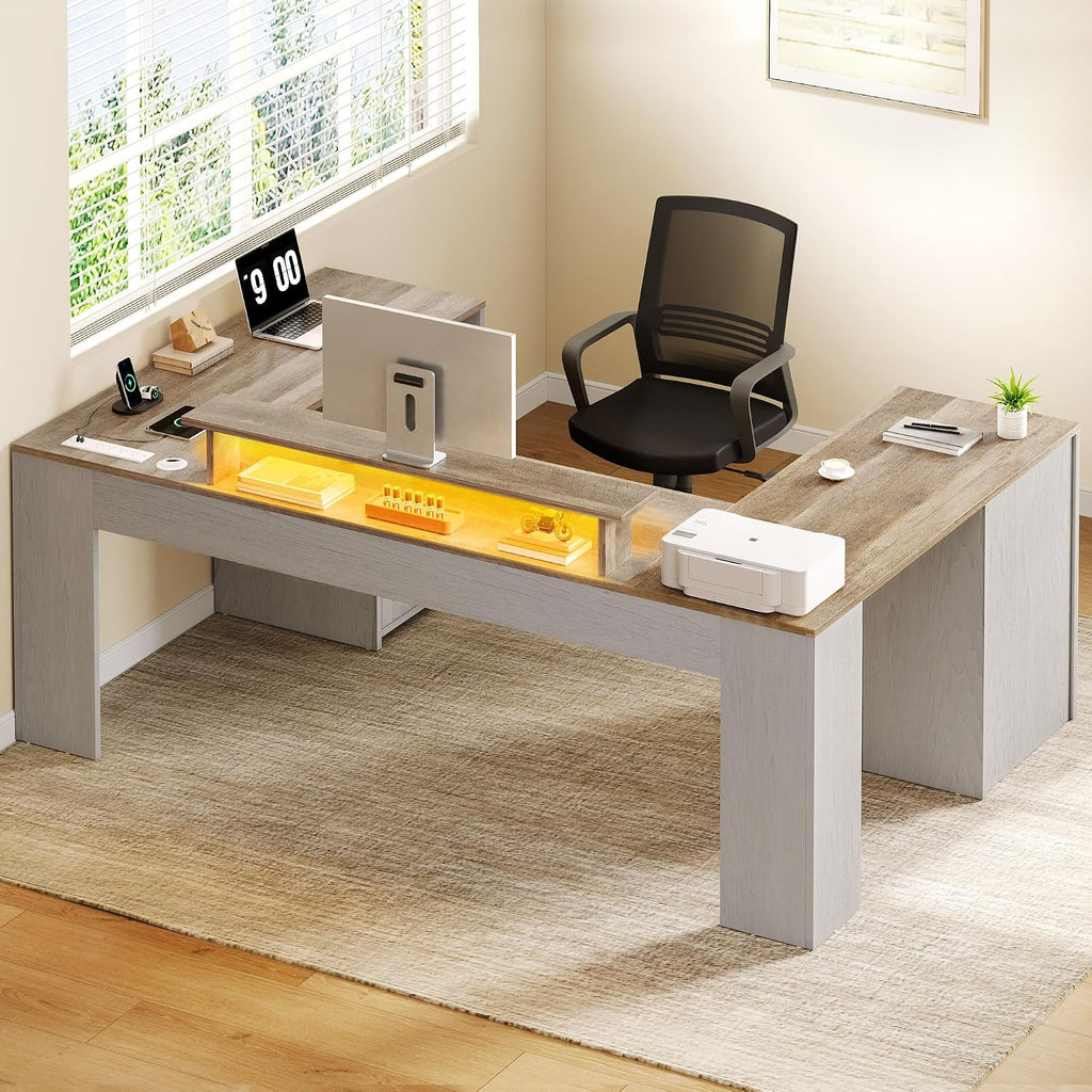 YITAHOME U Shaped Desk with Power Outlet & LED Lights, Farmhouse Computer Desk with Drawers, Wood Desk Home Office Desk with Monitor Stand & 5 Cubbies Storage Shelves, Grey Wash