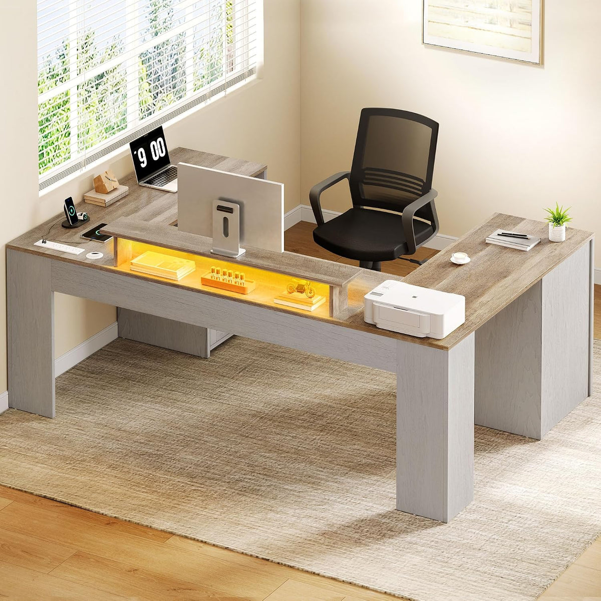 YITAHOME U Shaped Desk with Power Outlet & LED Lights, Farmhouse Computer Desk with Drawers, Wood Desk Home Office Desk with Monitor Stand & 5 Cubbies Storage Shelves, Grey Wash