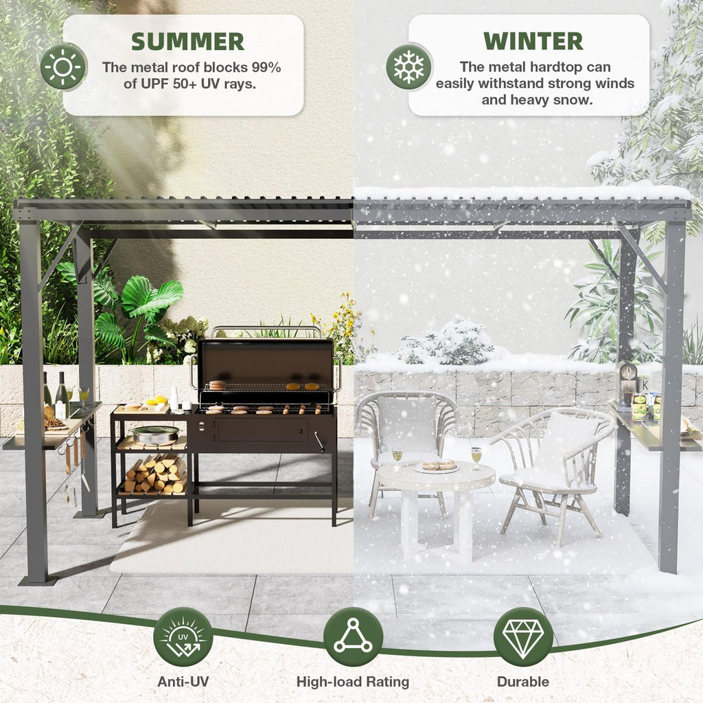 EBE 6'x12' Hardtop Grill Gazebo, Outdoor BBQ Gazebo with Side Shelves, Grill Pergola Canopy with Bottle Opener & Hooks, Metal Gazebo for Patio, Backyard, Deck