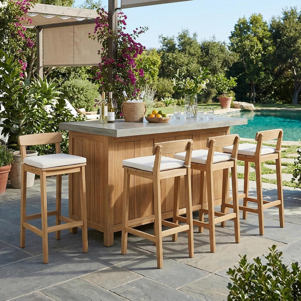 Patio Bar Stools Set of 4, Solid Acacia Wood Patio Barstools with Footrest, 28.5' Counter Height Outdoor Bar Stools, High Top Patio Bar Chairs for Balcony/Deck/Kitchen Island/Bistro, Beige