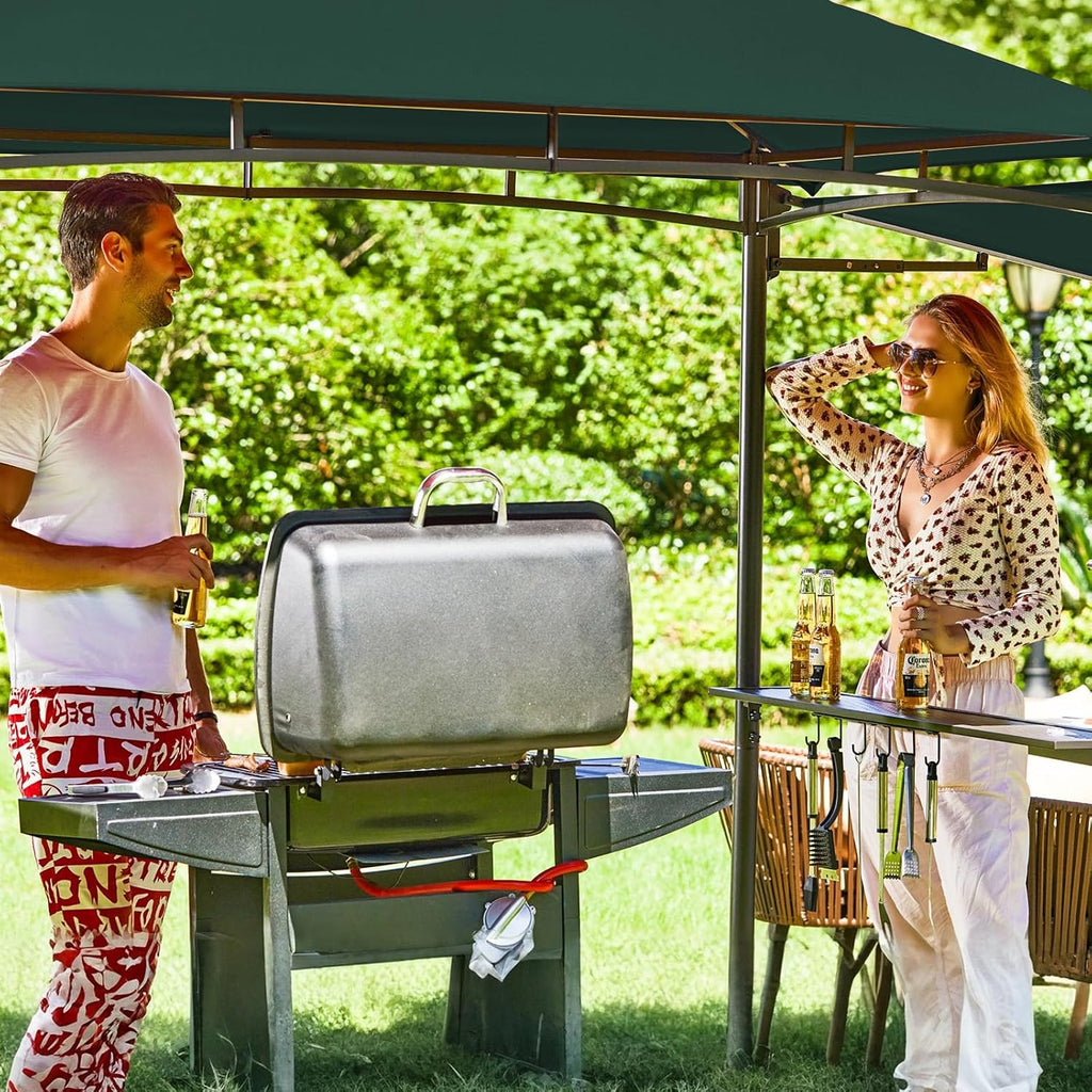 FAB BASED 5x8 Grill Gazebo with Extra Awning, All-Weather Steel Construction, Double Tiered & Resistant Canopy Roof, Metal Serving Shelves, 2 LED, Bottle Opener for Patio, Backyard, BBQ (Green)