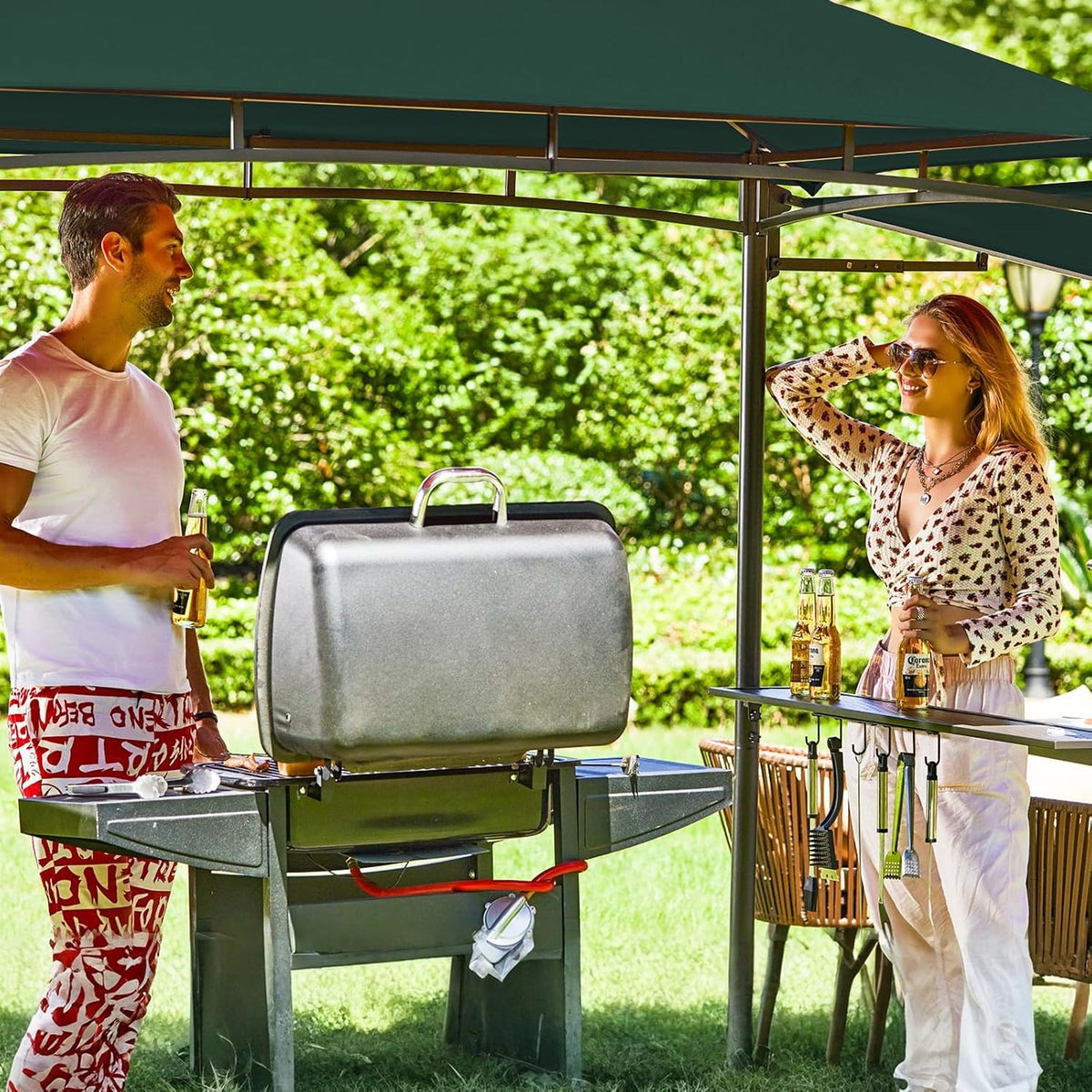 FAB BASED 5x8 Grill Gazebo with Extra Awning, All-Weather Steel Construction, Double Tiered & Resistant Canopy Roof, Metal Serving Shelves, 2 LED, Bottle Opener for Patio, Backyard, BBQ (Green)