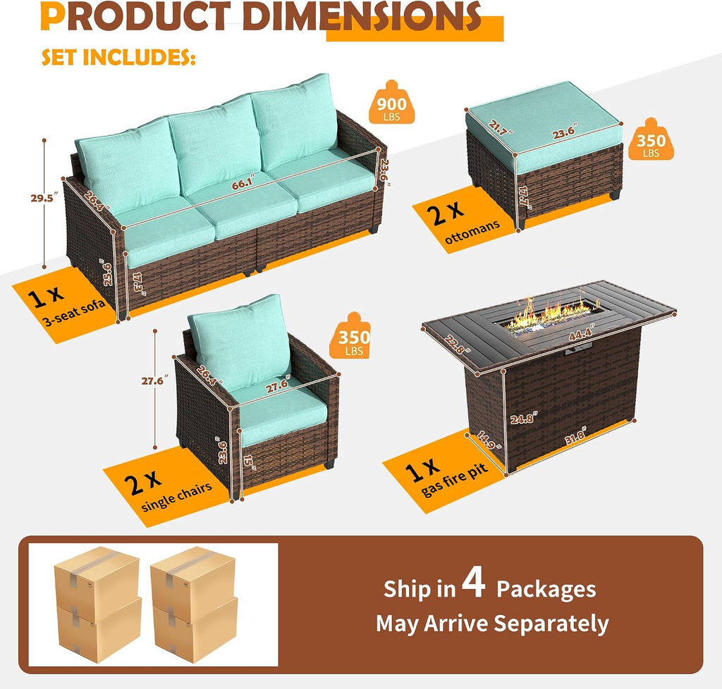 UDPATIO Patio Furniture Set with 44' Fire Pit Table, 6 Pieces Outdoor Sectional Conversation Sets, All-Weather Wicker Rattan Sofa Ottoman with 4' Thick Cushion for Garden Backyard Deck, Light Blue