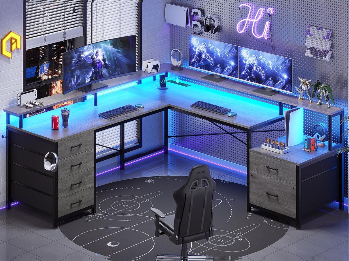 SEDETA L Shaped Desk with 6 Drawer, 108' Home Office Desk with File Drawer & Power Outlet, Corner Computer Desk with Monitor Shelf, Two Person Desk, Gaming Desk with Led Lights, Grey