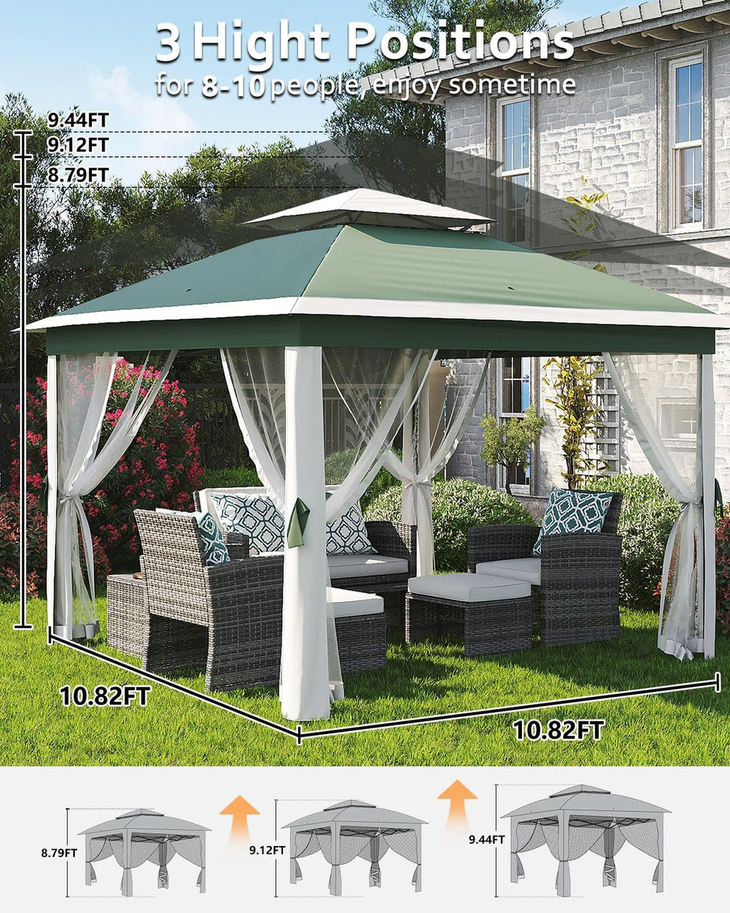 Garveelife 11x11 Pop Up Gazebo Tent with Mosquito Netting, Outdoor Canopy Shelter Easy Setup, Water & UV Resistant - Green