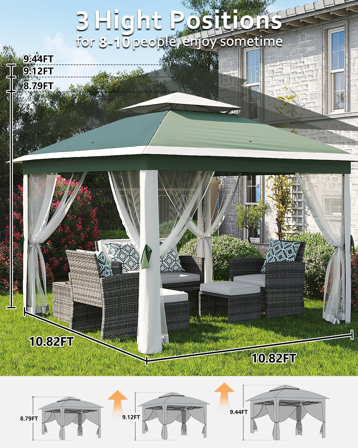 Garveelife 11x11 Pop Up Gazebo Tent with Mosquito Netting, Outdoor Canopy Shelter Easy Setup, Water & UV Resistant - Green