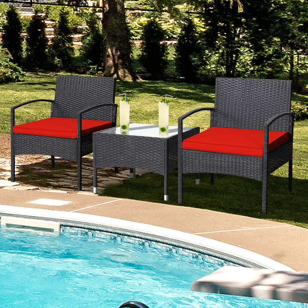 RELAX4LIFE 3-Piece Patio Furniture Set - Rattan Conversation Set, Wicker Bistro Set w/2 Chairs, Glass Coffee Table, Steel Frame, Outdoor Chairs Set for Yard Balcony, Front Porch Furniture (Red)