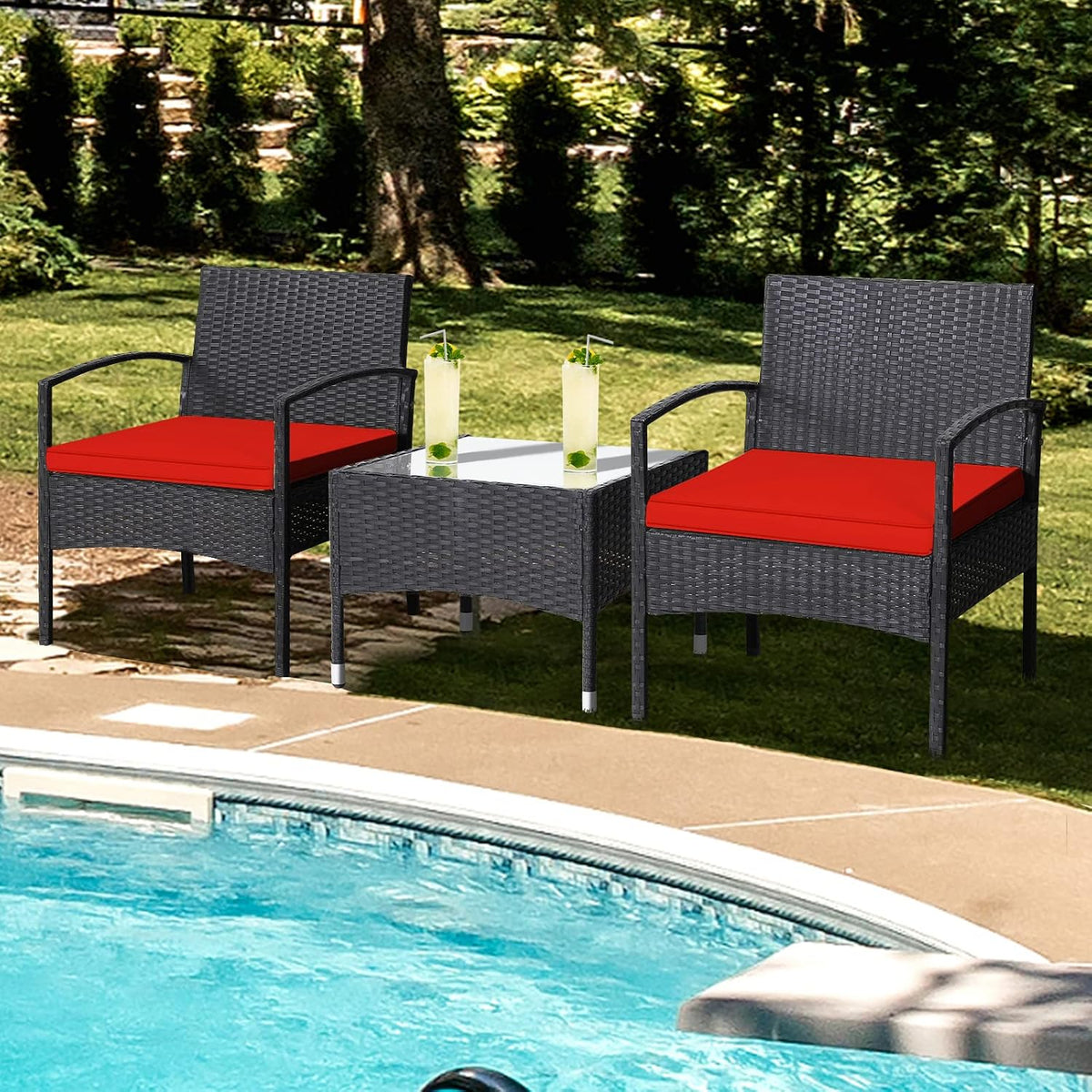 RELAX4LIFE 3-Piece Patio Furniture Set - Rattan Conversation Set, Wicker Bistro Set w/2 Chairs, Glass Coffee Table, Steel Frame, Outdoor Chairs Set for Yard Balcony, Front Porch Furniture (Red)
