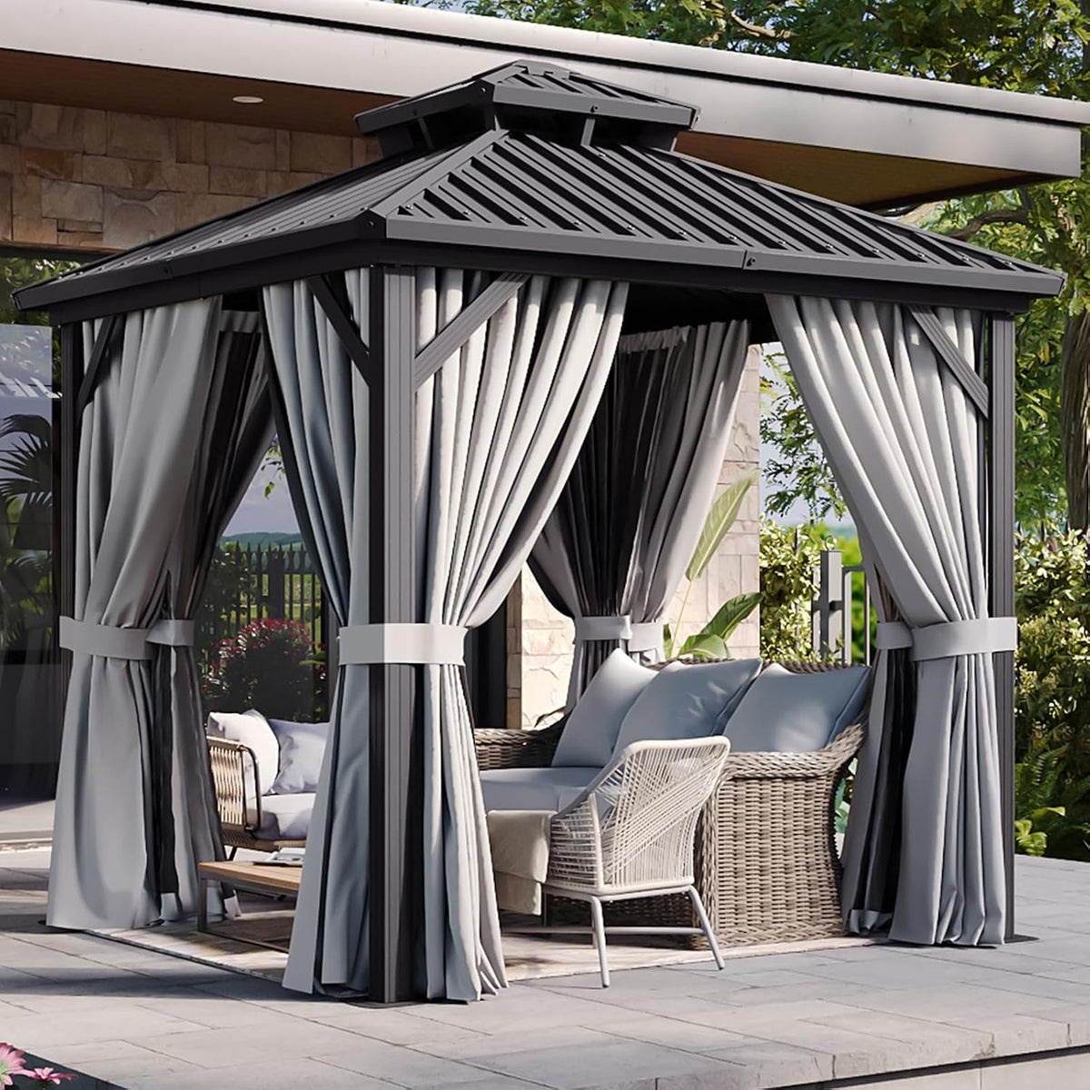 Aoxun 8 FTx 8FT Hardtop Gazebo with Double Galvanized Steel Roof, Outdoor Pavilion with Breathable Netting & Privacy Curtain for Backyard, Patio - Versatile for Family Gatherings, Carport (Gray)