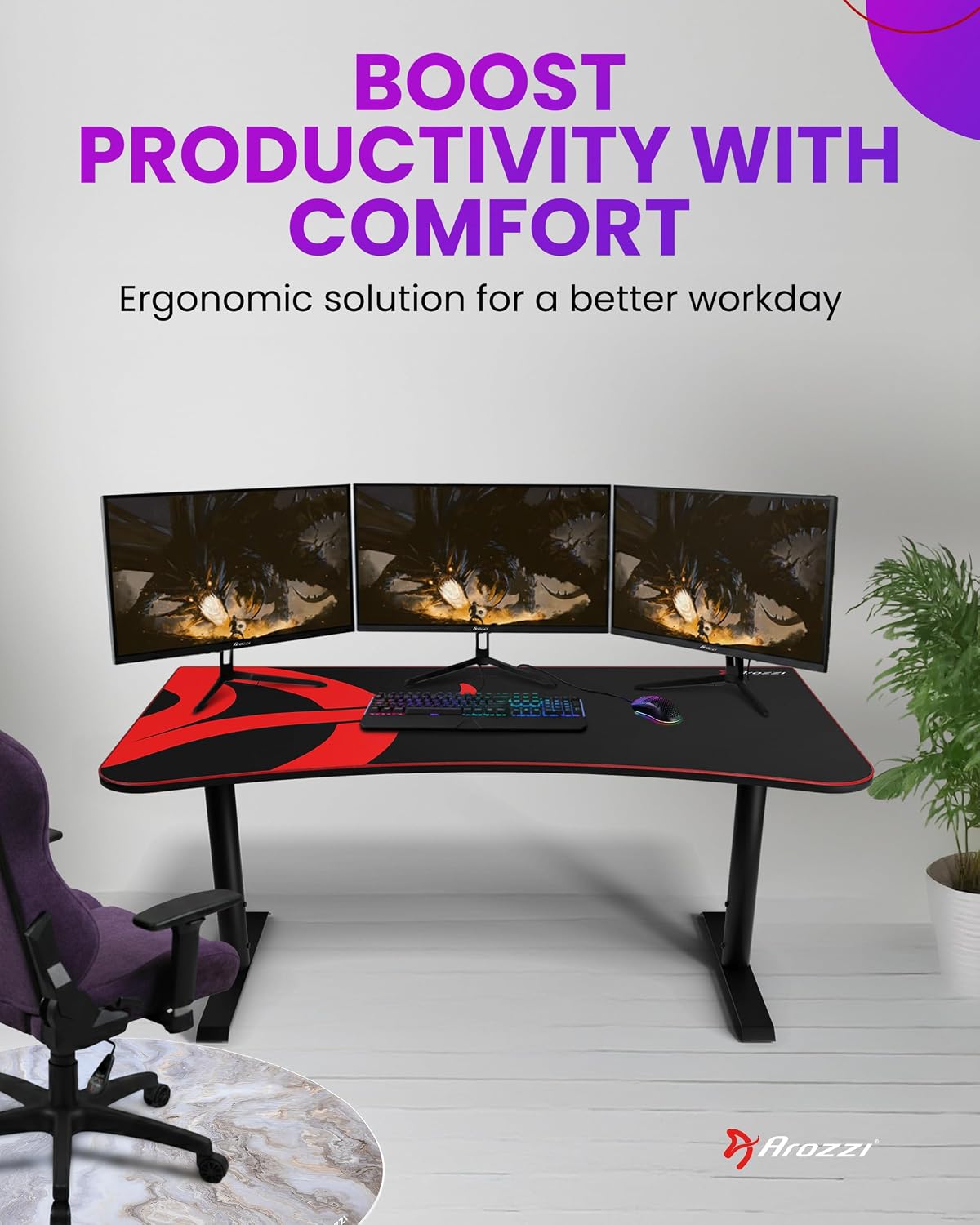 Arozzi Arena Gaming Desk 63' Wide, Ultrawide Curved Gaming and Office Desk, Large Gaming Desk with Custom Monitor Mount & Cable Management Under Desk (Black)