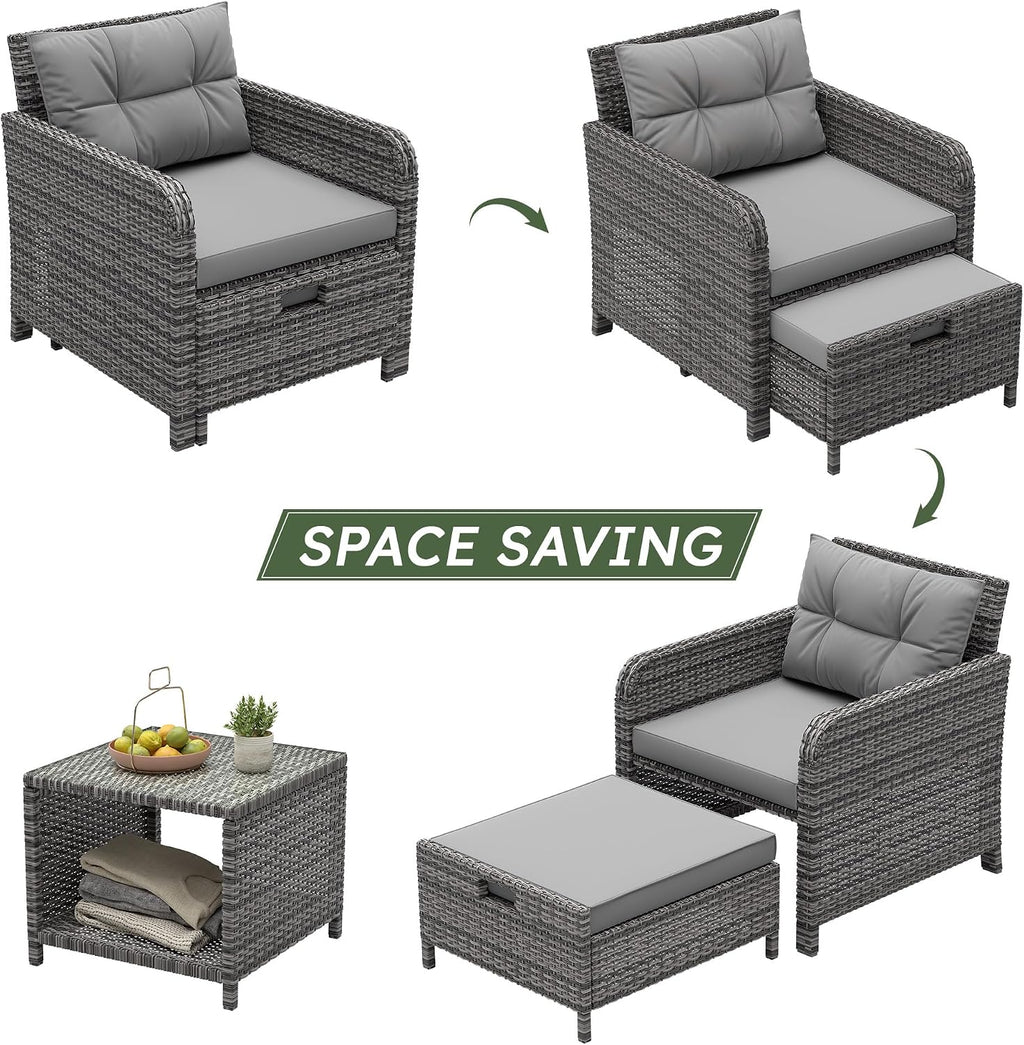 LHBcraft Balcony Furniture 5 Piece Patio Chairs Conversation Set, PE Wicker Rattan Outdoor Lounge Chairs with Soft Cushions 2 Ottoman-Glass Table for Porch, Charcoal