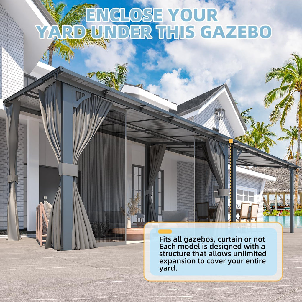 AECOJOY 12' x 8' Gazebo Outdoor Pergola with Curtains and Netting, 8'x12' Hard Top Lean to Pergolas and Gazebos Clearance with Patio Roof, Large Wall-Mounted Heavy Duty Awnings for Patio, Decks