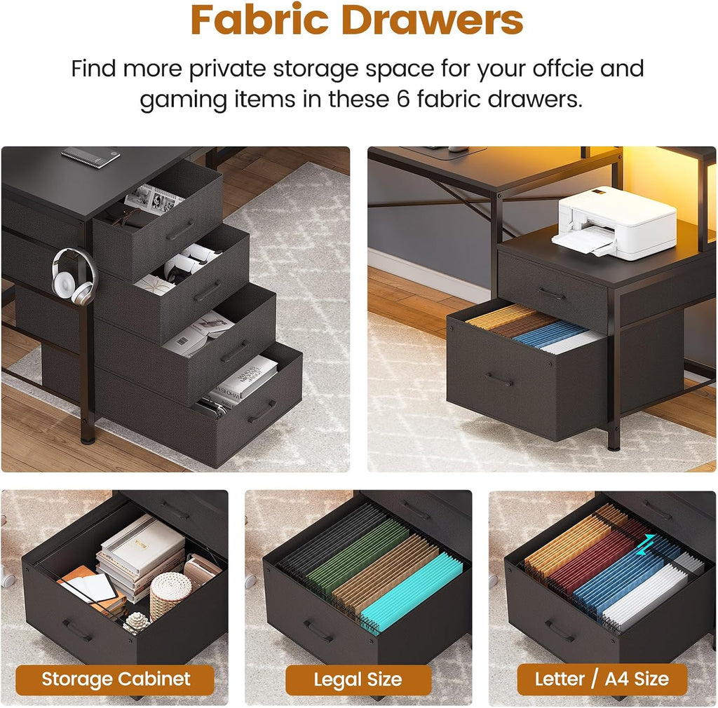 SEDETA L Shaped Desk with 6 Drawer, 108' Home Office Desk with File Drawer & Power Outlet, Corner Computer Desk with Monitor Shelf, File Cabinet, Two Person Desk, Gaming Desk with Led Lights, Black