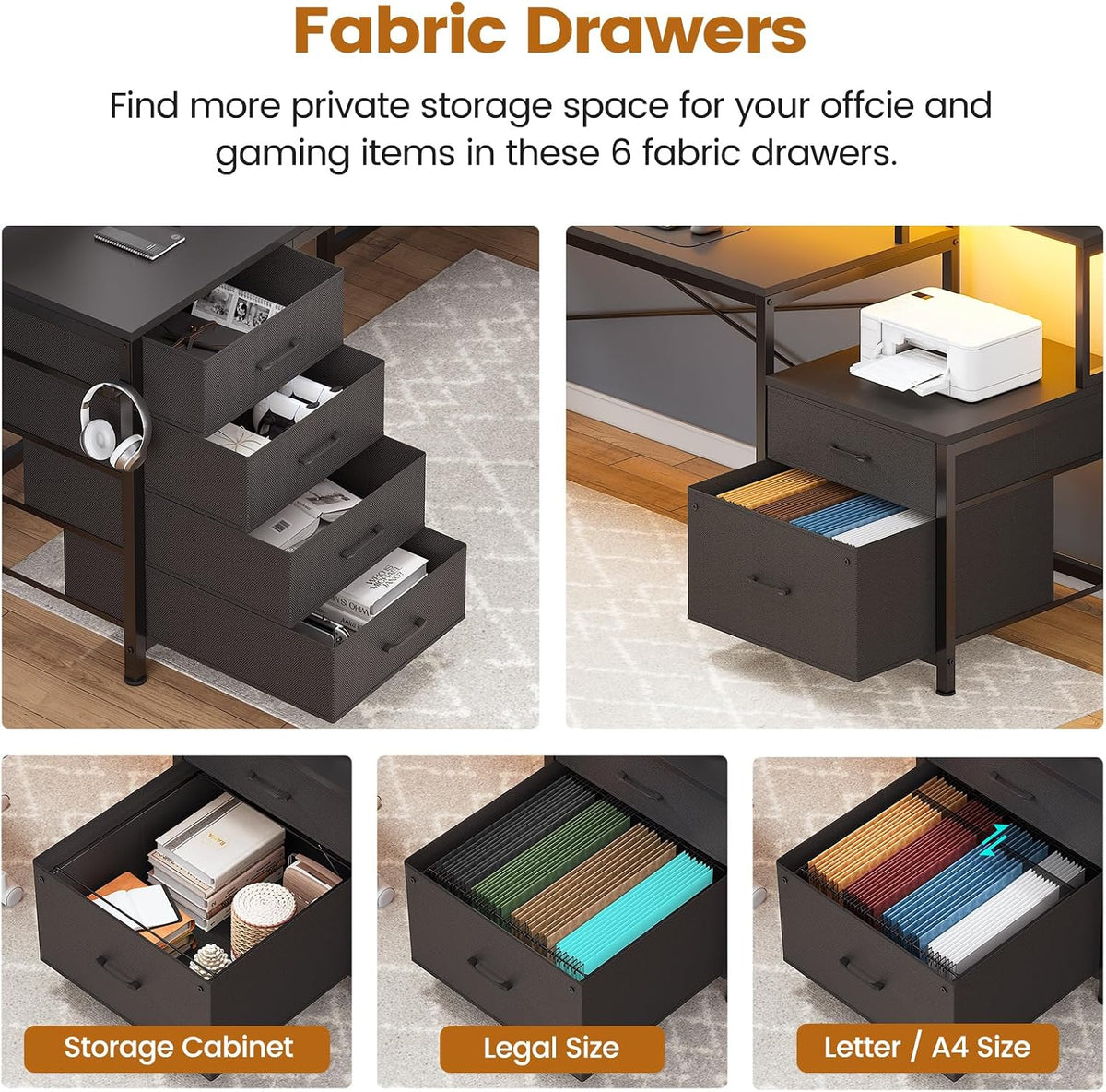 SEDETA L Shaped Desk with 6 Drawer, 108' Home Office Desk with File Drawer & Power Outlet, Corner Computer Desk with Monitor Shelf, File Cabinet, Two Person Desk, Gaming Desk with Led Lights, Black