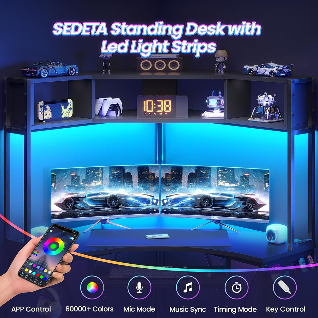 SEDETA Corner Desk, 39' W x 62' H Small Office Desk with Hutch & LED Lights, Triangle Gaming Computer Desk with Keyboard Tray, Storage Bag, and Headphone Hook for Small Space, Black