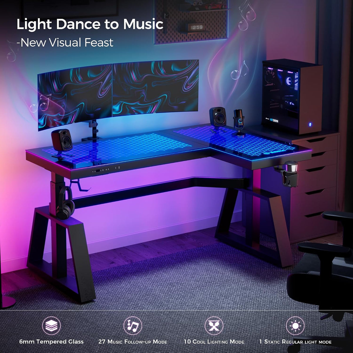 EUREKA ERGONOMIC Standing Desk,Gaming Table,Glass RGB Desks, Height Adjustable Computer 60 Inch L Shaped Corner Desk Music Studio Desk Workstation w Type-C Port,Cup Headset Holder,APP Control,Right