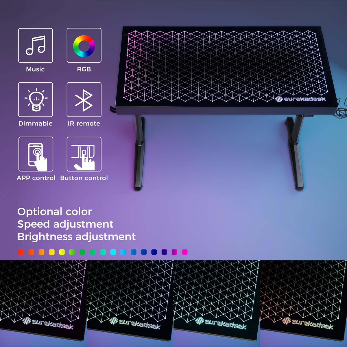 EUREKA ERGONOMIC RGB LED Gaming Desk, Music Sync Lights Up Tempered Glass Desktop, 43' GTG I43 Home Office Computer Table W Controller Rack 4 USB Charging Ports, APP Control