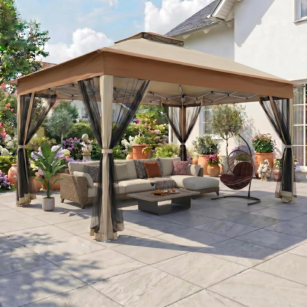 COBIZI 13x13 Pop Up Canopy Tent-Gazebos On Clearance Upgrade Metal Outdoor Canopy Waterproof - Portable Gazebo with Mosquito Nettings, 4 Ropes 8 Stakes and Carry Bag for Patio Garden(Khaki)