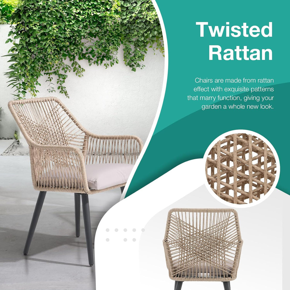 Patiorama 5-Piece Patio Dining Set, Outdoor Dining Table Chair Set, All-Weather Twisted Rattan Wicker Rope Conversation Set, Patio Furniture Set w/Umbrella Hole,Cushioned Chairs&Table(Tan&Cross Back)