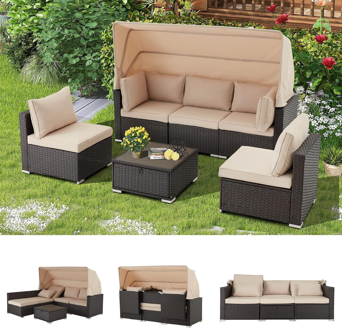 6 Pieces Patio Furniture Sets Outdoor Sectional Sofa Set Rattan Daybed with Retractable Canopy, Adjustable Backrest, Storable Tea Table Rectangle Sunbed for Backyard Garden Poolside(Khaki)