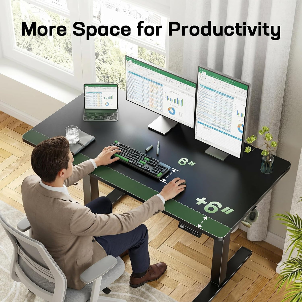 Electric Standing Desk Adjustable Height, 48 x 30 inch Standing Desk with Deeper Tabletop & 4 Memory Presets, One Piece Standing Desk for Home Office & Computer Workstation, Black Wooden,2 Packages