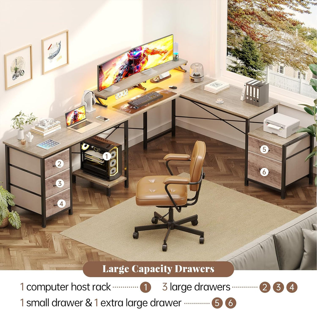 U Shaped Gaming Desk, Reversible L Shaped Computer Office Desk with Fabric Drawers, Monitor Stand, LED Lights, Corner Gamer Desk Table with Power Outlets & USB Ports, Grey
