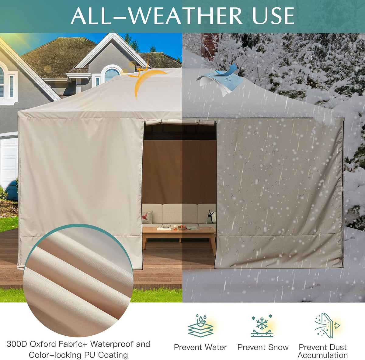 EROMMY Gazebo Cover for 12x14 Gazebos, Outdoor Winter Cover with Sidewalls and Mesh Windows, Convert into Storage Space, Beige