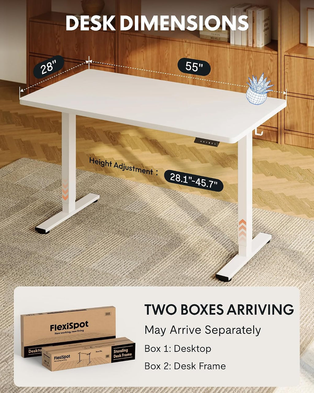 FLEXISPOT EN1 One-Piece Standing Desk with 1-Inch Thick Seamless Desktop, 55'x28' Electric Height Adjustable Desk for Home Office, Multi-Monitor Setups & Easy Assembly, White