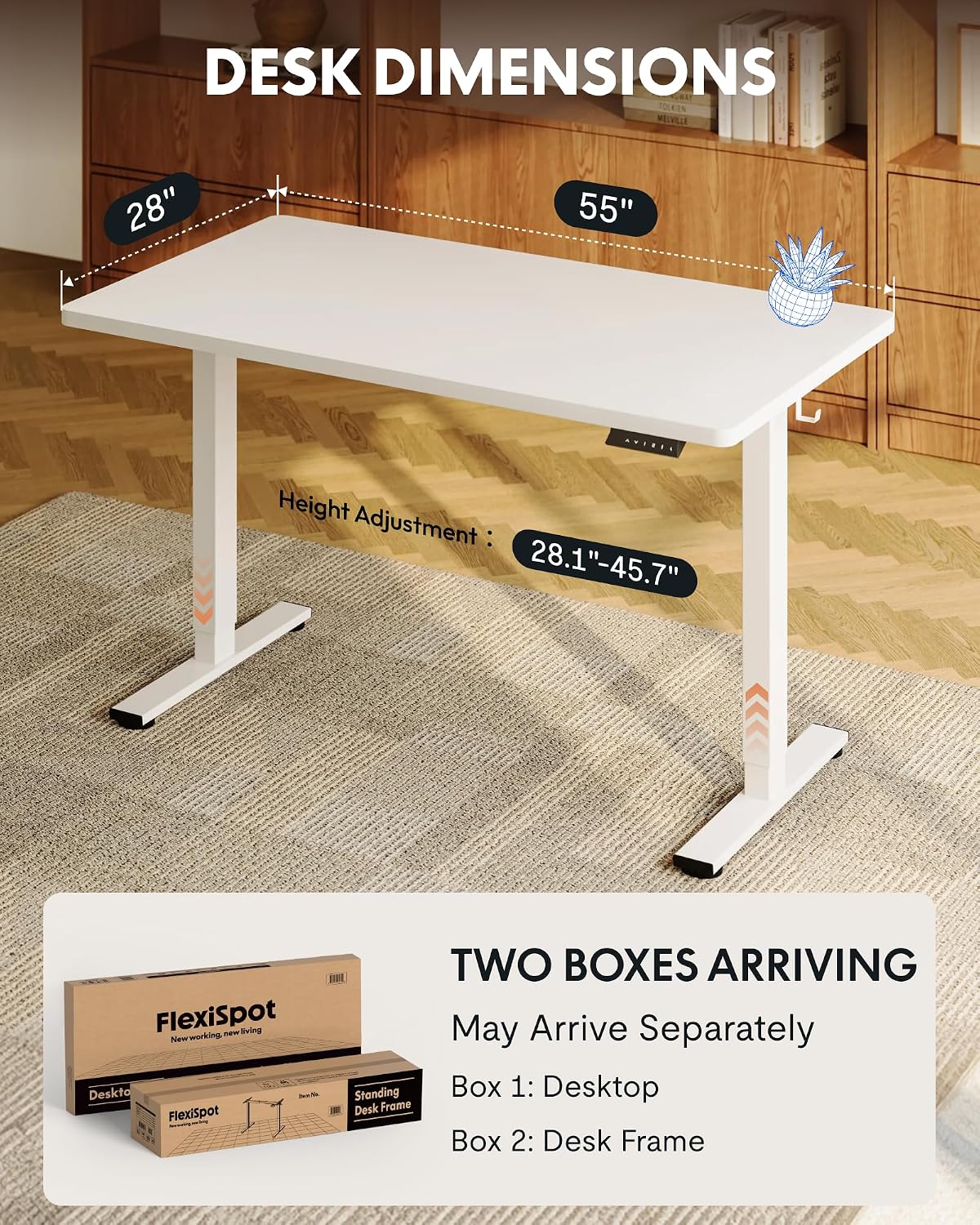 FLEXISPOT EN1 One-Piece Standing Desk with 1-Inch Thick Seamless Desktop, 55'x28' Electric Height Adjustable Desk for Home Office, Multi-Monitor Setups & Easy Assembly, White