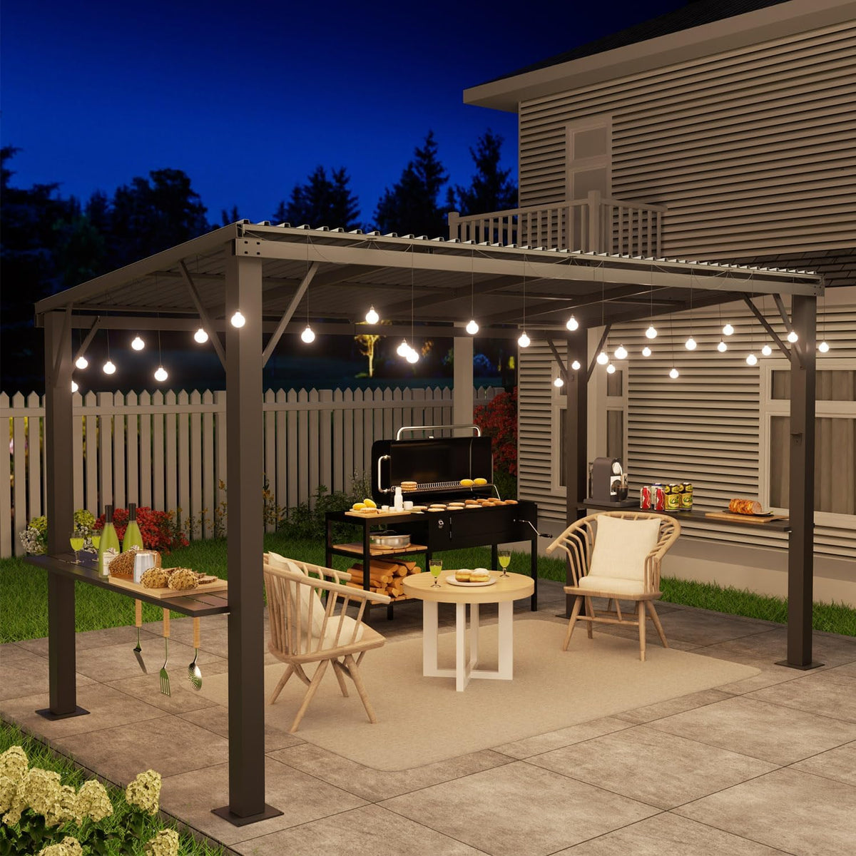 EBE 6'x12' Hardtop Grill Gazebo, Outdoor BBQ Gazebo with Side Shelves, Grill Pergola Canopy with Bottle Opener & Hooks, Metal Gazebo for Patio, Backyard, Deck