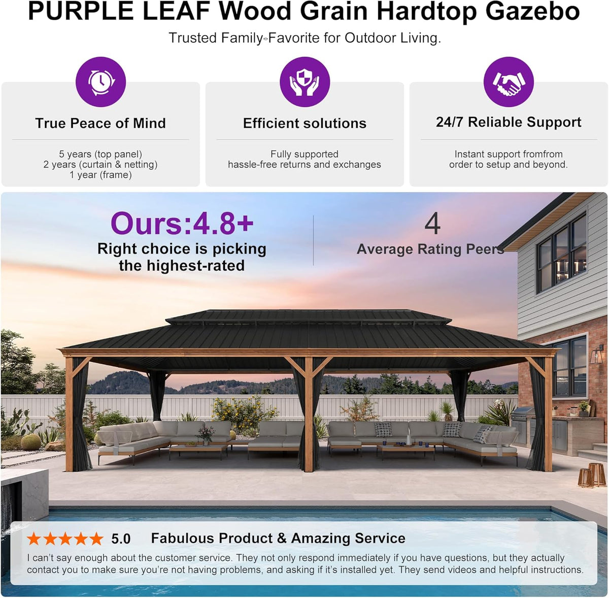 PURPLE LEAF 14' X 28' Outdoor Hardtop Gazebo for Patio Galvanized Steel Double Roof Permanent Canopy Teak Finish Coated Aluminum Frame Pavilion Gazebo with Netting
