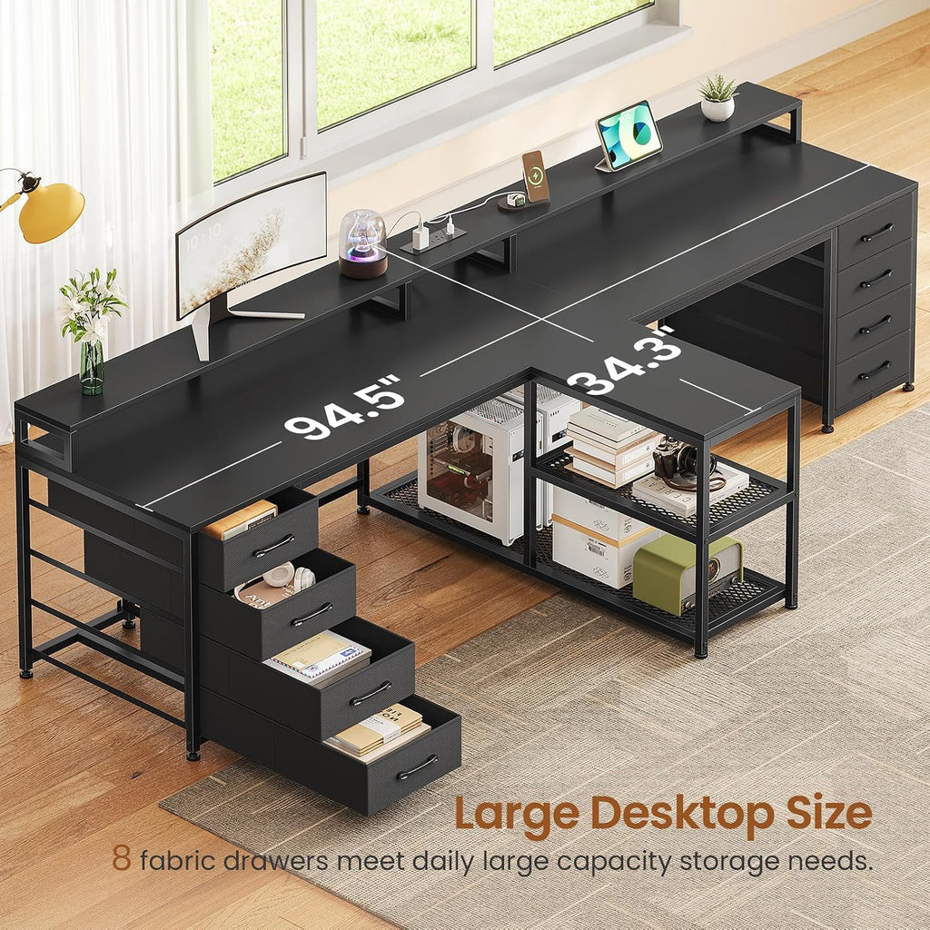 SEDETA 94.5' 2 Person Gaming Desk, Long Office Computer Desk with 8 Drawers & LED Light, Two Person Desk with Storage, Power Strip & Monitor Shelf for Home Office, Black